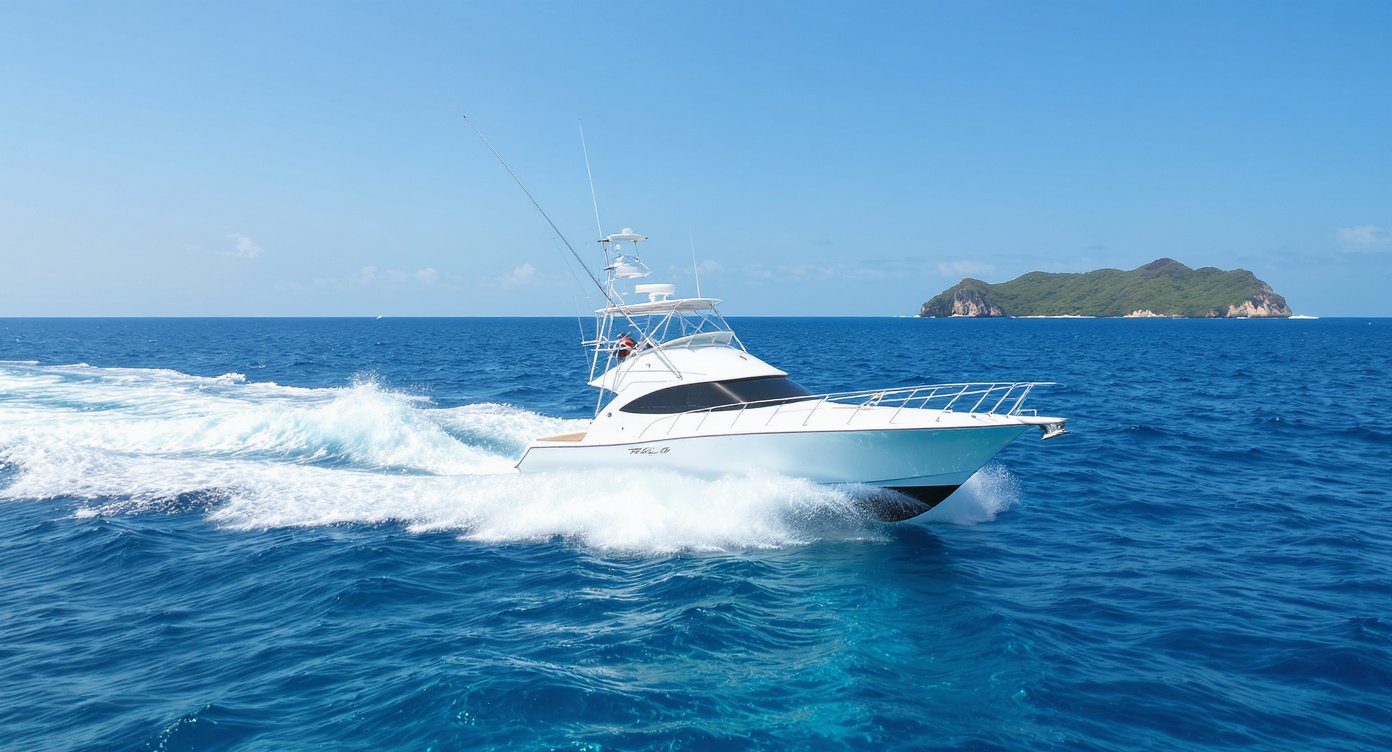 Fast boat crossing from Bali to Lombok across turquoise Indonesian ocean