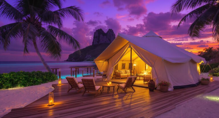 Romantic glamping in Lombok — luxury tent deck with candles and wine glasses on Gili Kondo private island at sunset