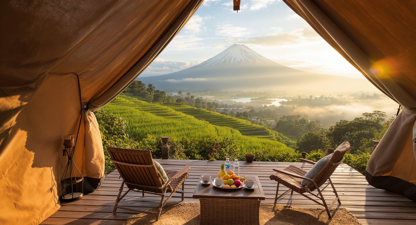 Romantic glamping in Lombok at TeteBatu — breakfast deck overlooking rice terraces with Mount Rinjani at sunrise