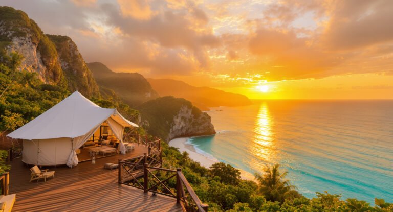 Selong Belanak glamping — luxury safari tent deck overlooking the crescent bay at sunset, South Lombok