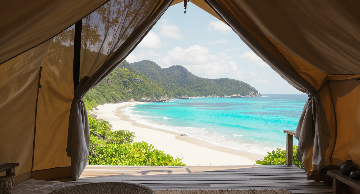 View from inside a safari glamping tent looking out to Selong Belanak beach, South Lombok