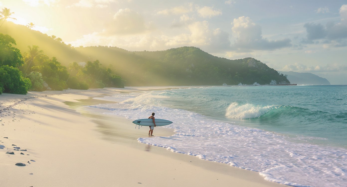 Surfer at Selong Belanak beach at sunrise, South Lombok Indonesia