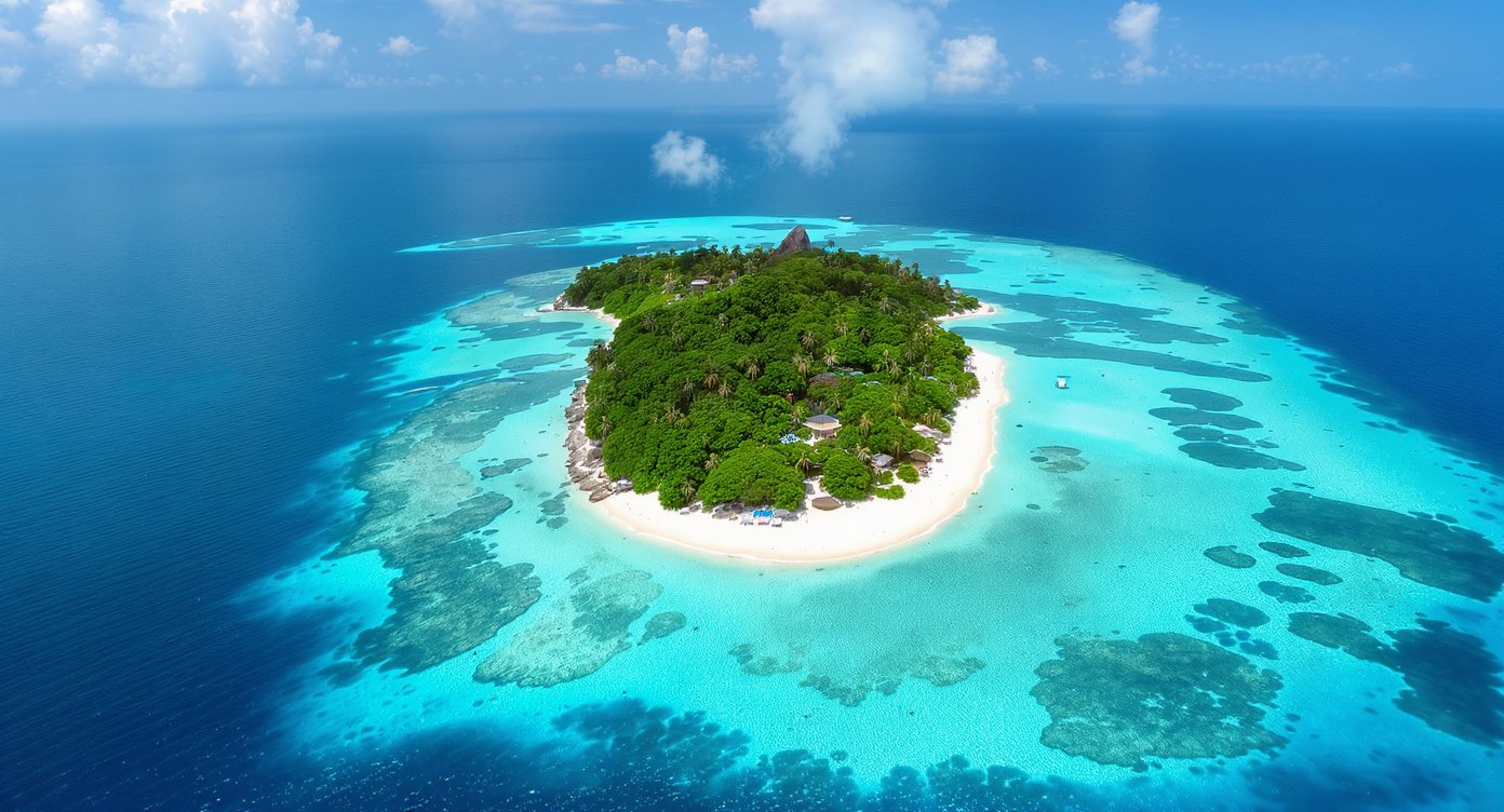 Aerial view of Gili Kondo private island surrounded by turquoise water, East Lombok