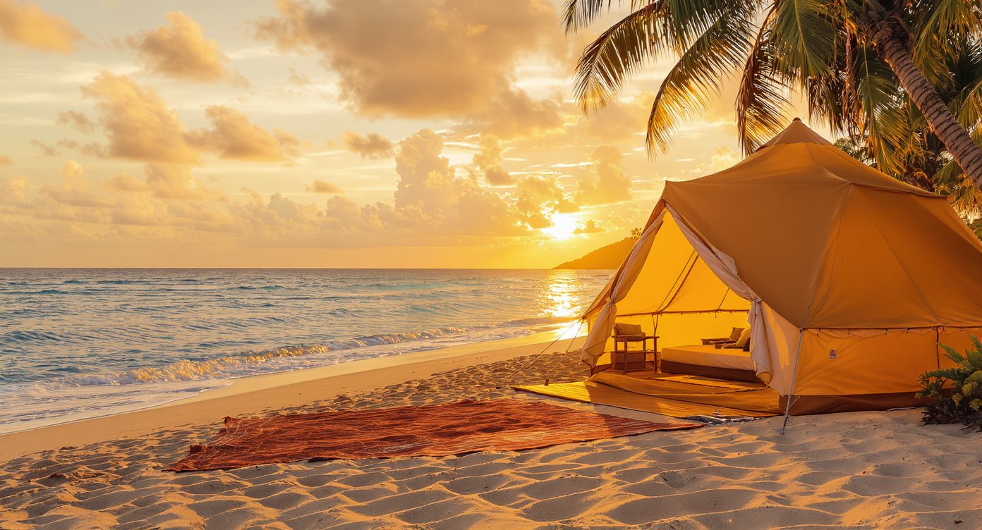 Luxury glamping tent open to Selong Belanak beach at golden sunset, south Lombok