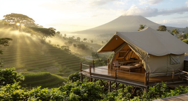 Luxury safari tent on wooden deck overlooking TeteBatu rice terraces with Mount Rinjani in background, best glamping in Lombok