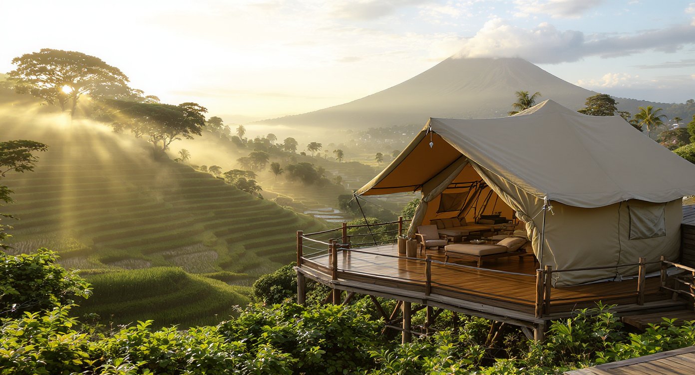 Luxury safari tent on wooden deck overlooking TeteBatu rice terraces with Mount Rinjani in background, best glamping in Lombok