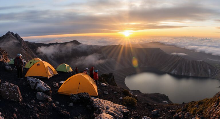 Trekkers tents pitched at sunrise on Mount Rinjani crater rim above Segara Anak lake, Lombok